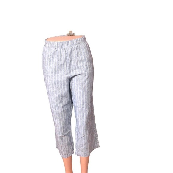 Caffe Marrakesh Pants Women’s Size L Blue White Linen Capri Cropped Boho Beach - Picture 4 of 8